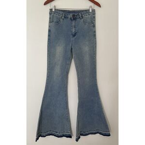 NWT Aaron and Amber Light Blue Flare Bell Bottom Jeans Raw Hem High Waist Sz M